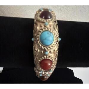 Vintage Boho Statement Cuff Bracelet Turquoise Carnelian Style